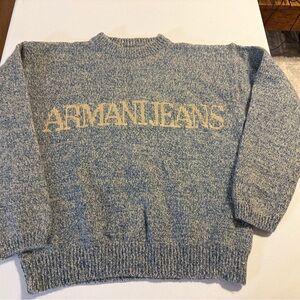 VTG RARE 90’s Armani Jeans Knitted Wool Blend Pullover Medium Sweater Blue Logo